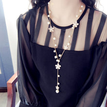Load image into Gallery viewer, Pearl Five-petal Flower Long Necklace Female tassel Long Sweater Chain, Black, White