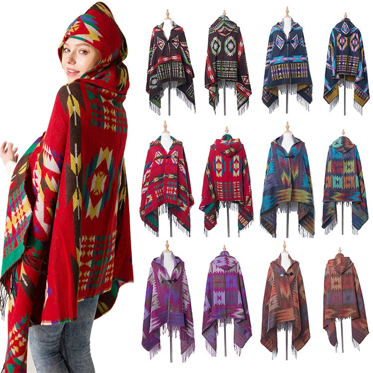 Autumn And Winter Horn Buckle Ethnic Style Hooded Cloak Shawl Bohemian Hooded Shawl