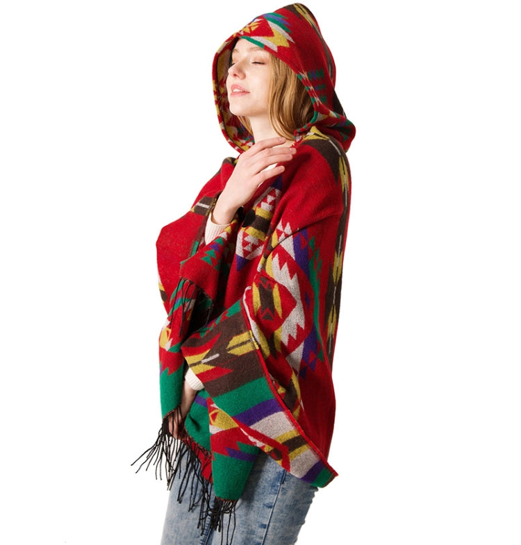 Autumn And Winter Horn Buckle Ethnic Style Hooded Cloak Shawl Bohemian Hooded Shawl