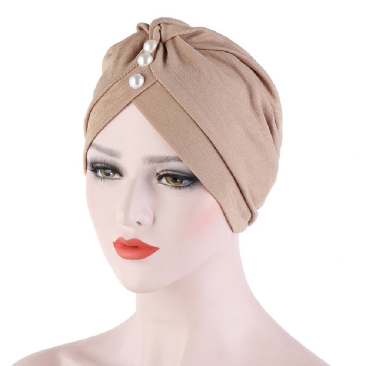 Women Forehead Fold Pearl Decorative Hooded Cap Turban Hat