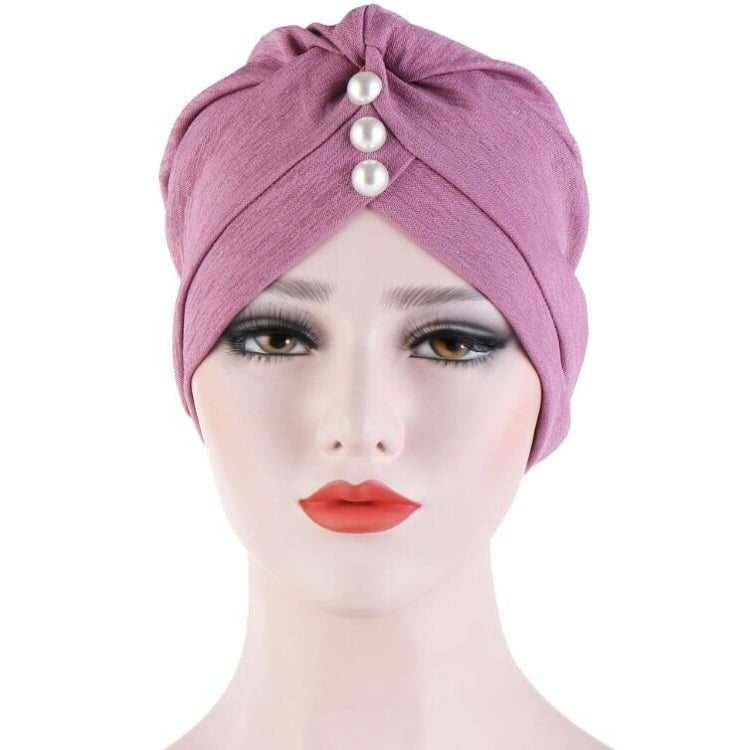 Women Forehead Fold Pearl Decorative Hooded Cap Turban Hat