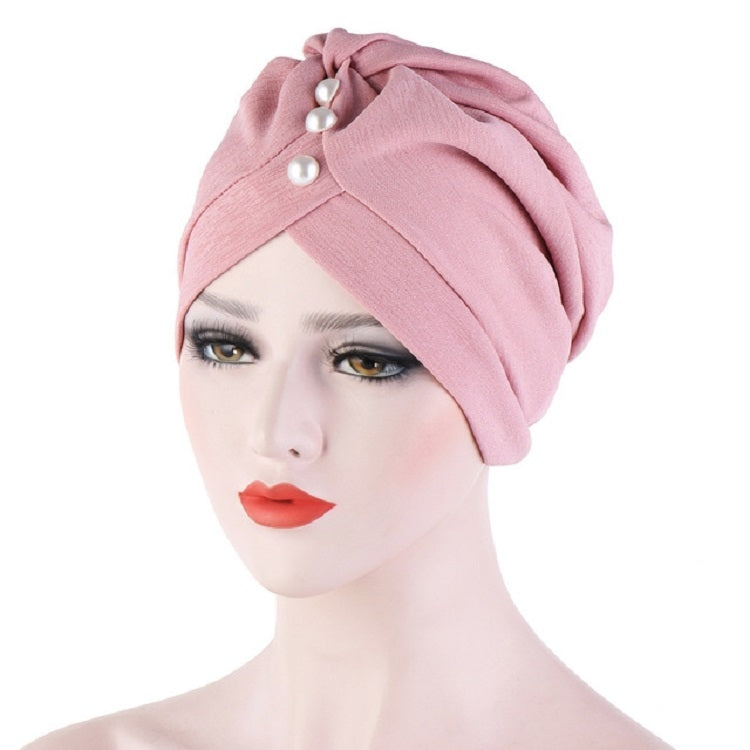 Women Forehead Fold Pearl Decorative Hooded Cap Turban Hat