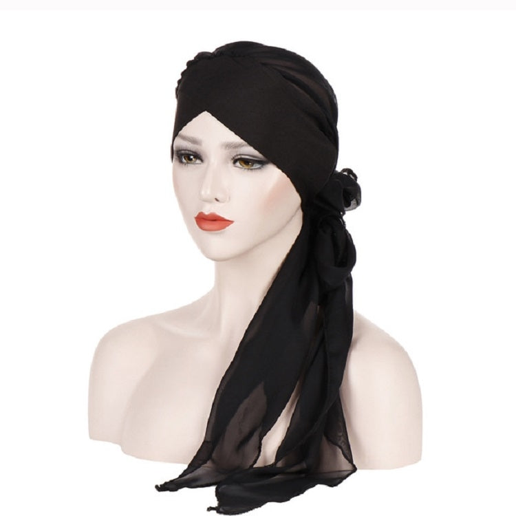 Ladies Forehead Cross Chiffon Long Tail Cap Turban Hat
