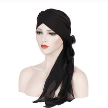 Load image into Gallery viewer, Ladies Forehead Cross Chiffon Long Tail Cap Turban Hat