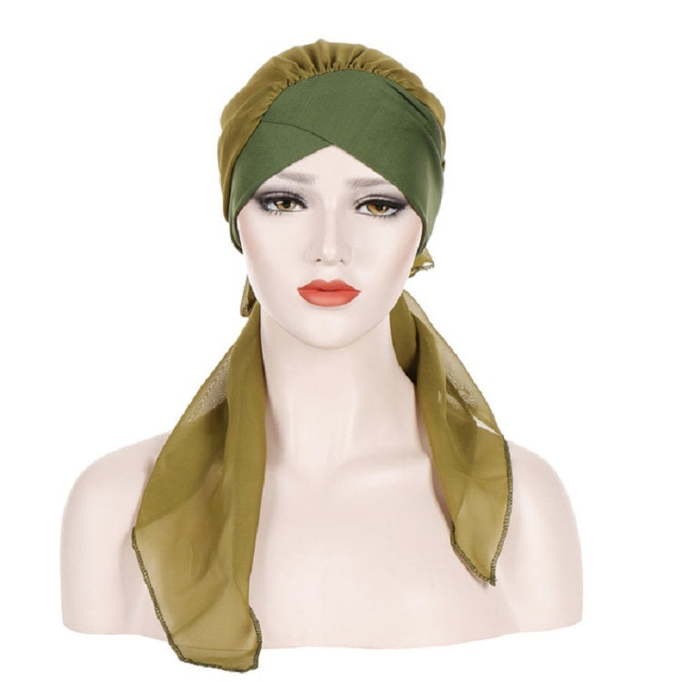 Ladies Forehead Cross Chiffon Long Tail Cap Turban Hat