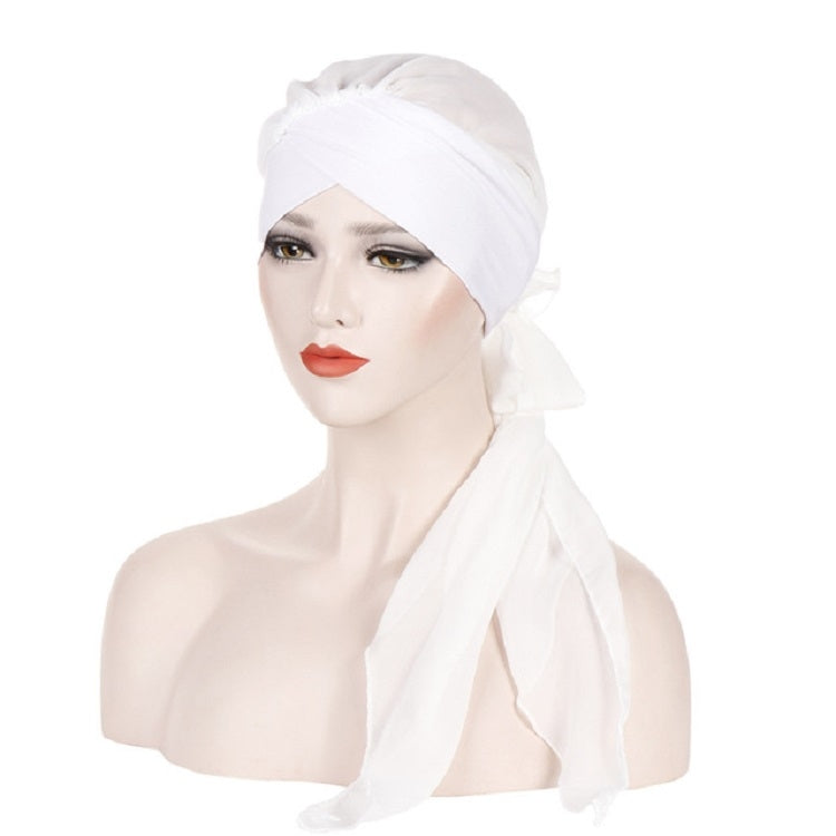 Ladies Forehead Cross Chiffon Long Tail Cap Turban Hat