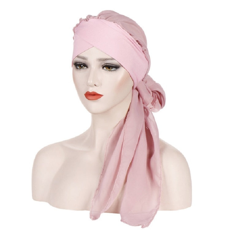 Ladies Forehead Cross Chiffon Long Tail Cap Turban Hat