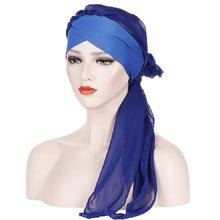 Load image into Gallery viewer, Ladies Forehead Cross Chiffon Long Tail Cap Turban Hat