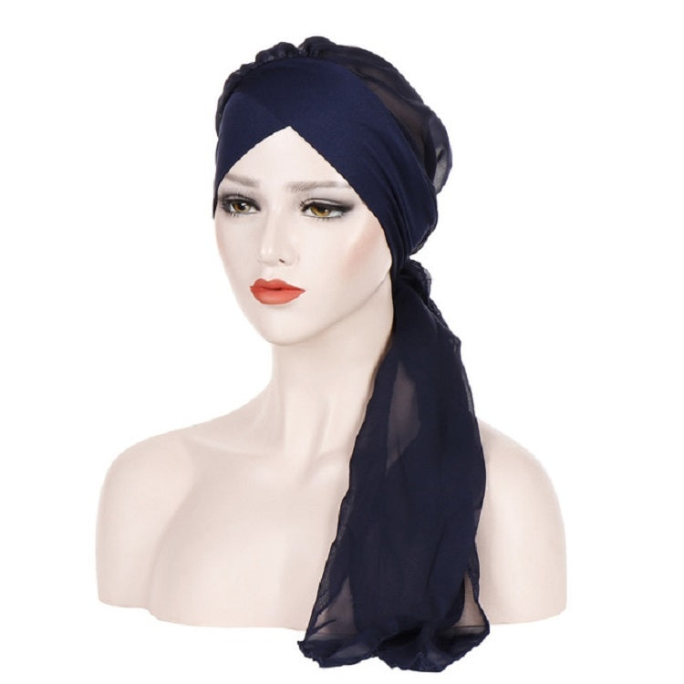 Ladies Forehead Cross Chiffon Long Tail Cap Turban Hat