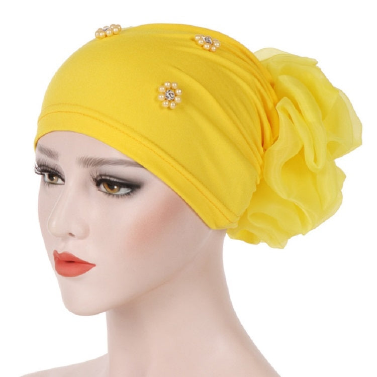 Women Personality Rear Flower Decoration Turban Hat Beaded Hooded Cap