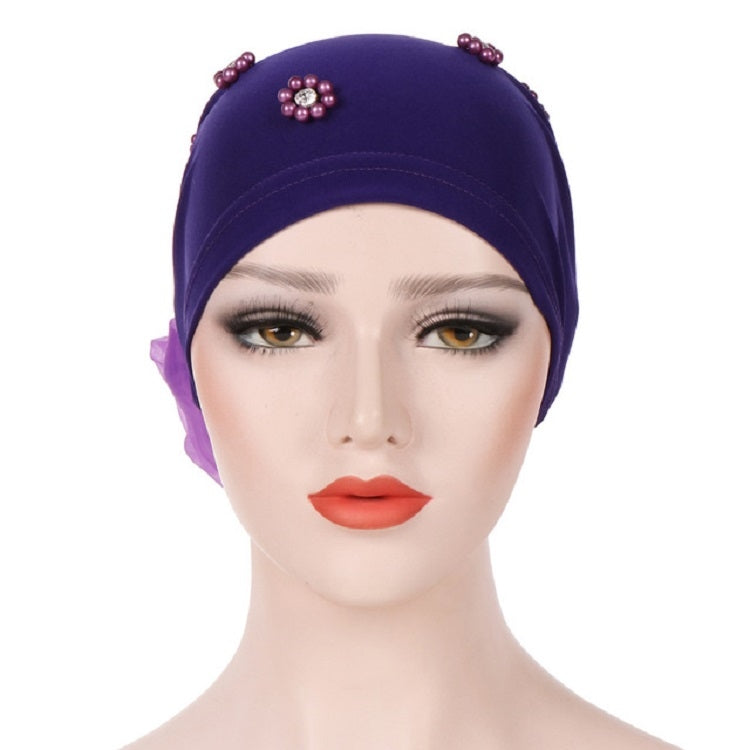 Women Personality Rear Flower Decoration Turban Hat Beaded Hooded Cap