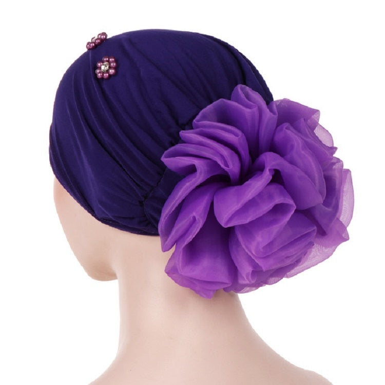 Women Personality Rear Flower Decoration Turban Hat Beaded Hooded Cap