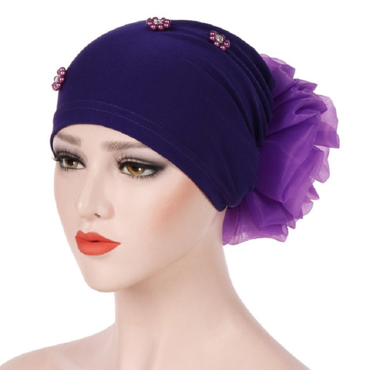 Women Personality Rear Flower Decoration Turban Hat Beaded Hooded Cap