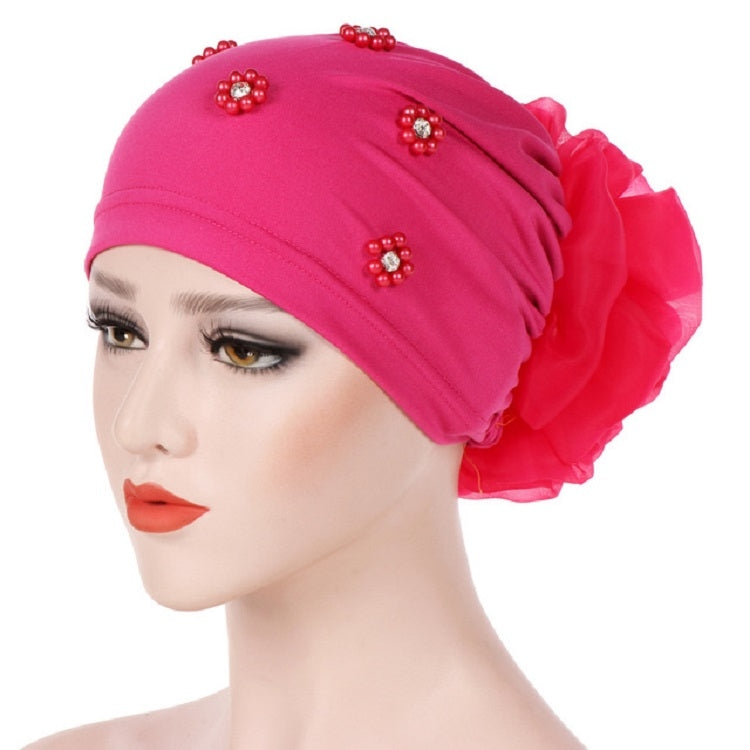 Women Personality Rear Flower Decoration Turban Hat Beaded Hooded Cap