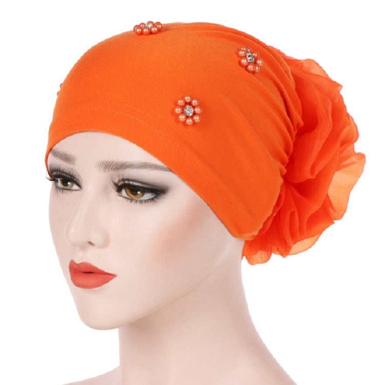 Women Personality Rear Flower Decoration Turban Hat Beaded Hooded Cap