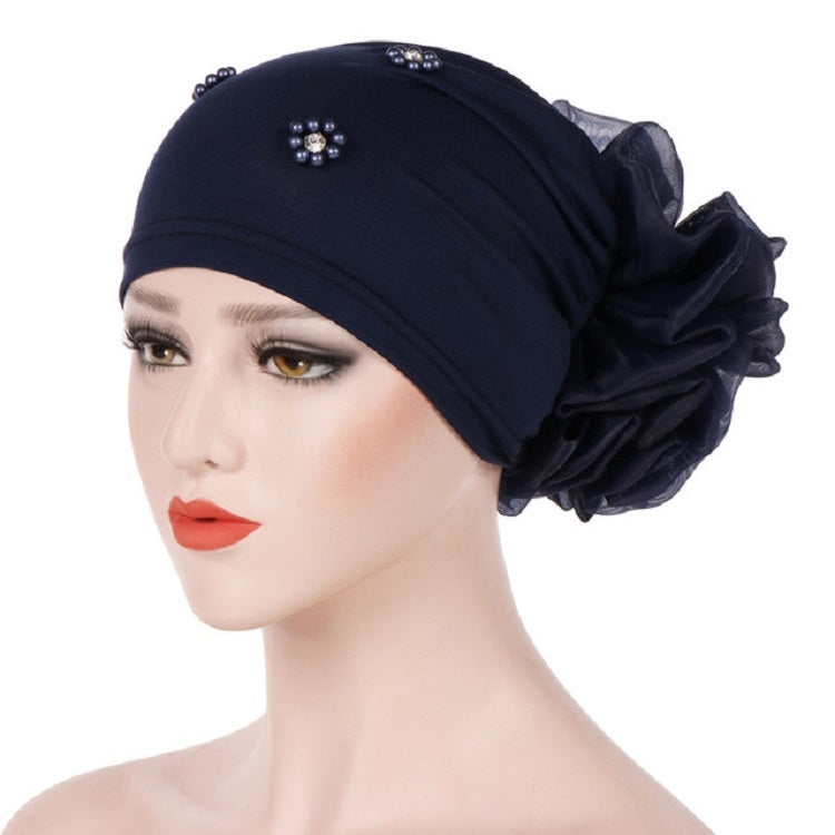 Women Personality Rear Flower Decoration Turban Hat Beaded Hooded Cap