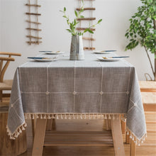 Load image into Gallery viewer, Square Lattice Embroidered Tablecloth Pure Color Cotton Linen Tassel Rectangular Coffee Table Mat, 140x220cm, 140x240cm, 140x260cm, 140x300cm