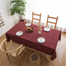 Load image into Gallery viewer, Square Lattice Embroidered Tablecloth Pure Color Cotton Linen Tassel Rectangular Coffee Table Mat, 140x220cm, 140x240cm, 140x260cm, 140x300cm