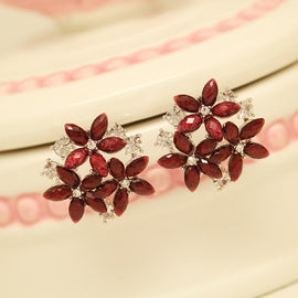 Fashion Zircon Rhinestone 3 Flower Stud Earrings for Women Jewelry, red, black