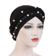 Load image into Gallery viewer, Ladies Turban Cap Milk Silk Single Braid Cap Rivet White Pearl Hooded Cap
