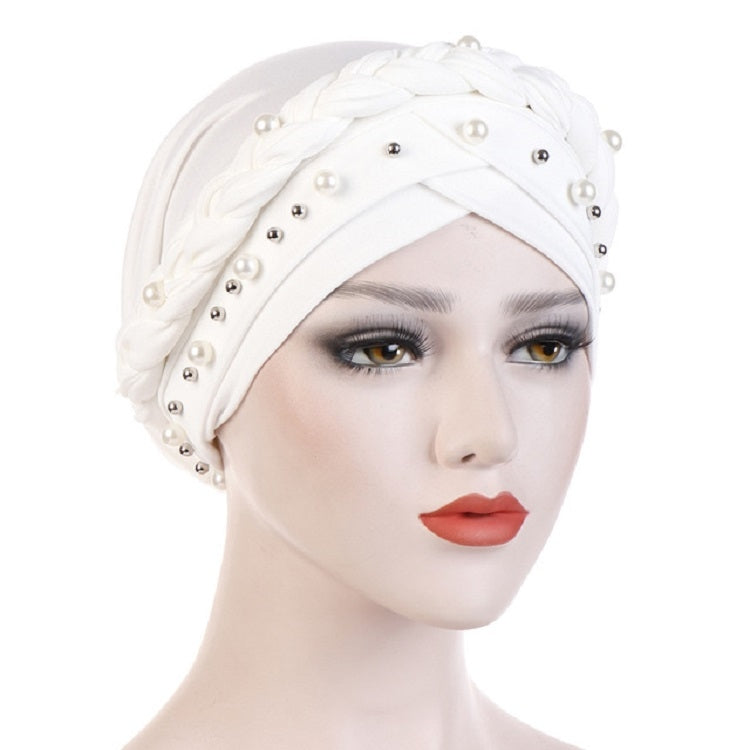 Ladies Turban Cap Milk Silk Single Braid Cap Rivet White Pearl Hooded Cap