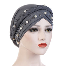 Load image into Gallery viewer, Ladies Turban Cap Milk Silk Single Braid Cap Rivet White Pearl Hooded Cap