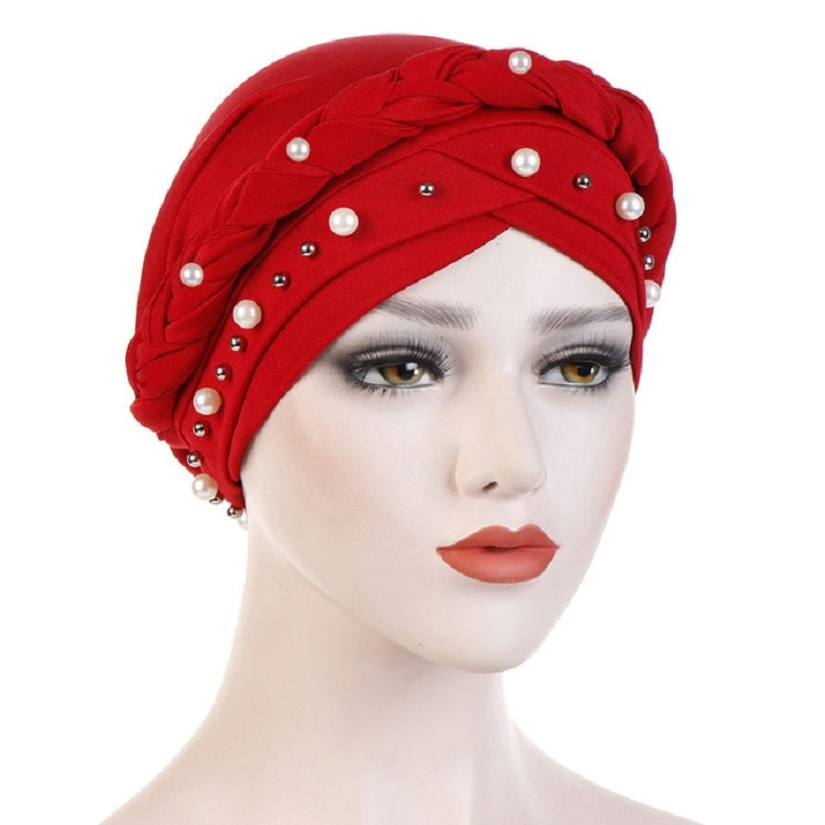 Ladies Turban Cap Milk Silk Single Braid Cap Rivet White Pearl Hooded Cap