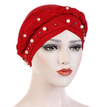 Load image into Gallery viewer, Ladies Turban Cap Milk Silk Single Braid Cap Rivet White Pearl Hooded Cap