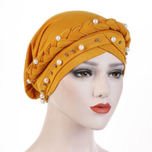 Load image into Gallery viewer, Ladies Turban Cap Milk Silk Single Braid Cap Rivet White Pearl Hooded Cap