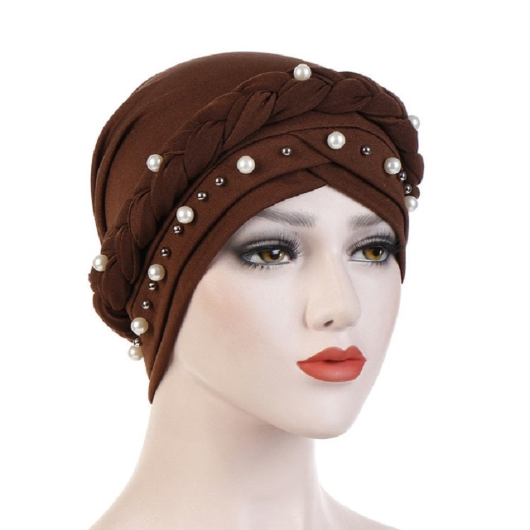 Ladies Turban Cap Milk Silk Single Braid Cap Rivet White Pearl Hooded Cap