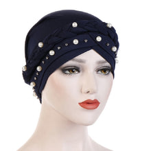 Load image into Gallery viewer, Ladies Turban Cap Milk Silk Single Braid Cap Rivet White Pearl Hooded Cap