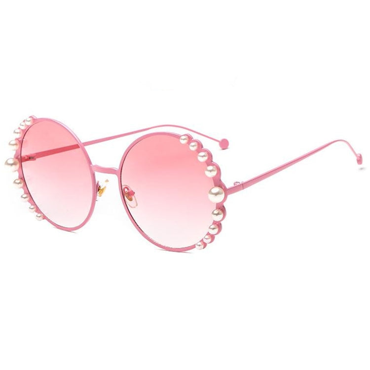 Women Sunglasses Metal Round Frame Pearl Embellished Sunglasses