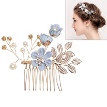 Load image into Gallery viewer, Fashion Flower Hair Combs Headdress Prom Bridal Wedding Hair Accessories Gold Leaves Hair Jewelry Hair Pins, Blue 1 flower, Blue 2 flower, Blue hair comb, Blue big size, Pink 1 flower, Pink 2 flower, Pink hair comb, Pink big zise, Purple 1 flower      ...