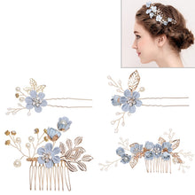 Load image into Gallery viewer, Fashion Flower Hair Combs Headdress Prom Bridal Wedding Hair Accessories Gold Leaves Hair Jewelry Hair Pins, Blue 1 flower, Blue 2 flower, Blue hair comb, Blue big size, Pink 1 flower, Pink 2 flower, Pink hair comb, Pink big zise, Purple 1 flower      ...