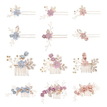Load image into Gallery viewer, Fashion Flower Hair Combs Headdress Prom Bridal Wedding Hair Accessories Gold Leaves Hair Jewelry Hair Pins, Blue 1 flower, Blue 2 flower, Blue hair comb, Blue big size, Pink 1 flower, Pink 2 flower, Pink hair comb, Pink big zise, Purple 1 flower      ...