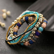 Load image into Gallery viewer, Women Four Seasons Bohemian Multi-layer Beaded Elastic Bracelet, black, light blue, brown, yellow, pink, light green