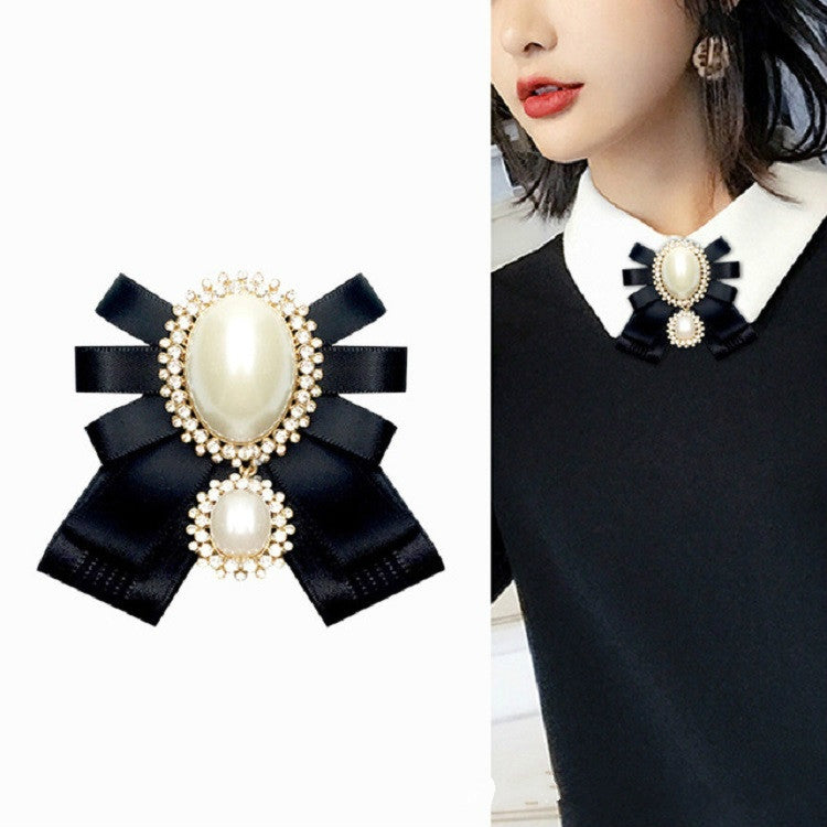 Women Pearl Bow-knot Bow Tie Cloth Brooch Clothing Accessories