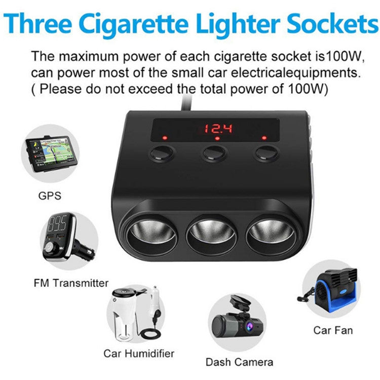 TR12 100W Car Cigarette Lighter One Drag Three With Switch Voltage Display 4USB Car Cigarette Lighteri, TR12 (Black), TR12