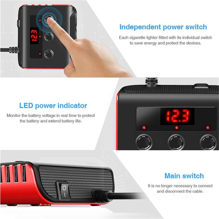 TR12 100W Car Cigarette Lighter One Drag Three With Switch Voltage Display 4USB Car Cigarette Lighteri, TR12 (Black), TR12
