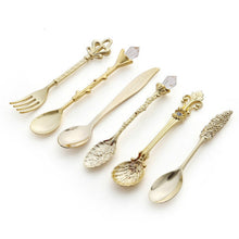 Load image into Gallery viewer, 6pcs / Set Vintage Mini Coffee Spoons Suit Royal Style Metal Carved Coffee Fruit Cutler Dessert Flatware Kitchen Tools, Gold, Red Bronze, Antique Bronze（With Red Fork）, Antique Bronze（With Antique Fork）, Silver