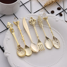 Load image into Gallery viewer, 6pcs / Set Vintage Mini Coffee Spoons Suit Royal Style Metal Carved Coffee Fruit Cutler Dessert Flatware Kitchen Tools, Gold, Red Bronze, Antique Bronze（With Red Fork）, Antique Bronze（With Antique Fork）, Silver