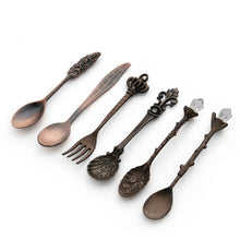Load image into Gallery viewer, 6pcs / Set Vintage Mini Coffee Spoons Suit Royal Style Metal Carved Coffee Fruit Cutler Dessert Flatware Kitchen Tools, Gold, Red Bronze, Antique Bronze（With Red Fork）, Antique Bronze（With Antique Fork）, Silver