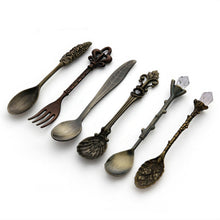 Load image into Gallery viewer, 6pcs / Set Vintage Mini Coffee Spoons Suit Royal Style Metal Carved Coffee Fruit Cutler Dessert Flatware Kitchen Tools, Gold, Red Bronze, Antique Bronze（With Red Fork）, Antique Bronze（With Antique Fork）, Silver