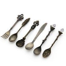 Load image into Gallery viewer, 6pcs / Set Vintage Mini Coffee Spoons Suit Royal Style Metal Carved Coffee Fruit Cutler Dessert Flatware Kitchen Tools, Gold, Red Bronze, Antique Bronze（With Red Fork）, Antique Bronze（With Antique Fork）, Silver