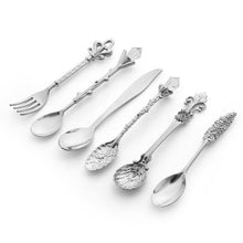 Load image into Gallery viewer, 6pcs / Set Vintage Mini Coffee Spoons Suit Royal Style Metal Carved Coffee Fruit Cutler Dessert Flatware Kitchen Tools, Gold, Red Bronze, Antique Bronze（With Red Fork）, Antique Bronze（With Antique Fork）, Silver