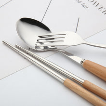 Load image into Gallery viewer, 3 in 1 Spoon Chopsticks Fork Cutlery Set Three-piece Creative Work Students Portable Tableware, Three-piece set of wooden handle spoon fork chopsticks, Two-piece wooden spoon chopsticks
