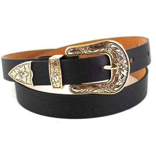 Women Black Leather Western Cowgirl Waist Metal Buckle Waistband New Hot