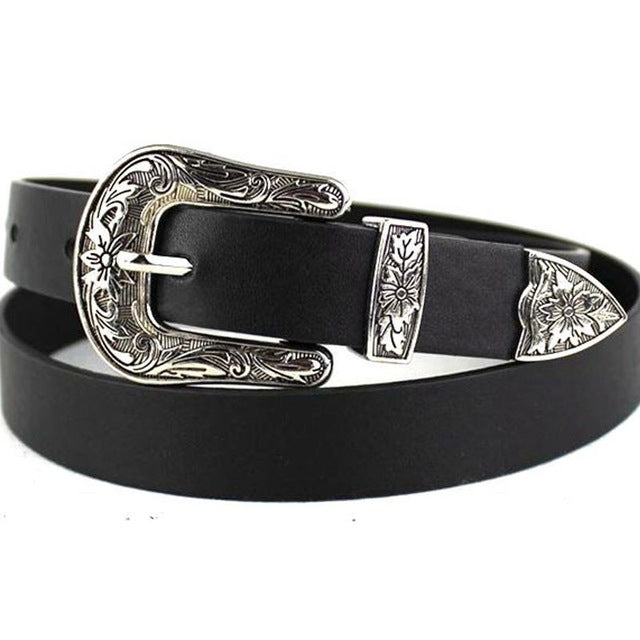 Women Black Leather Western Cowgirl Waist Metal Buckle Waistband New Hot