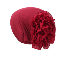 Load image into Gallery viewer, Solid Color Chiffon Big Cap Flower Pullover Turban Hat