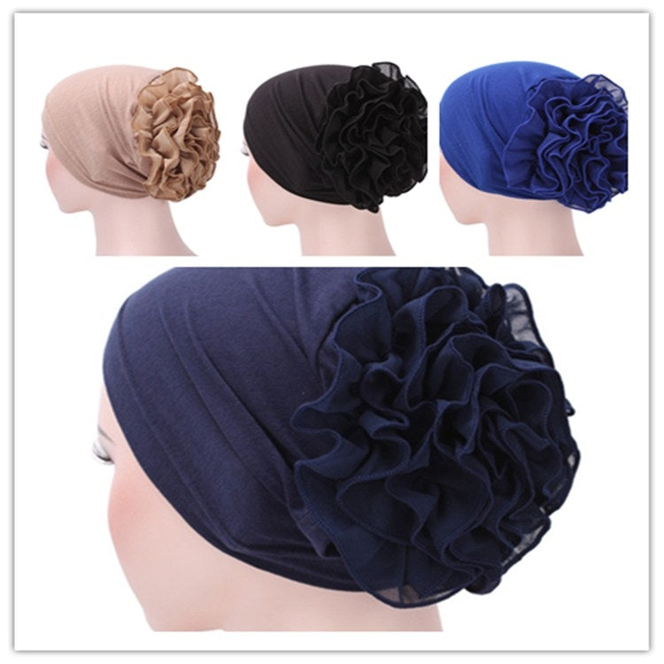 Solid Color Chiffon Big Cap Flower Pullover Turban Hat